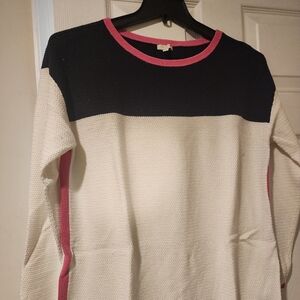 Blue and white sweater with a pop of pink